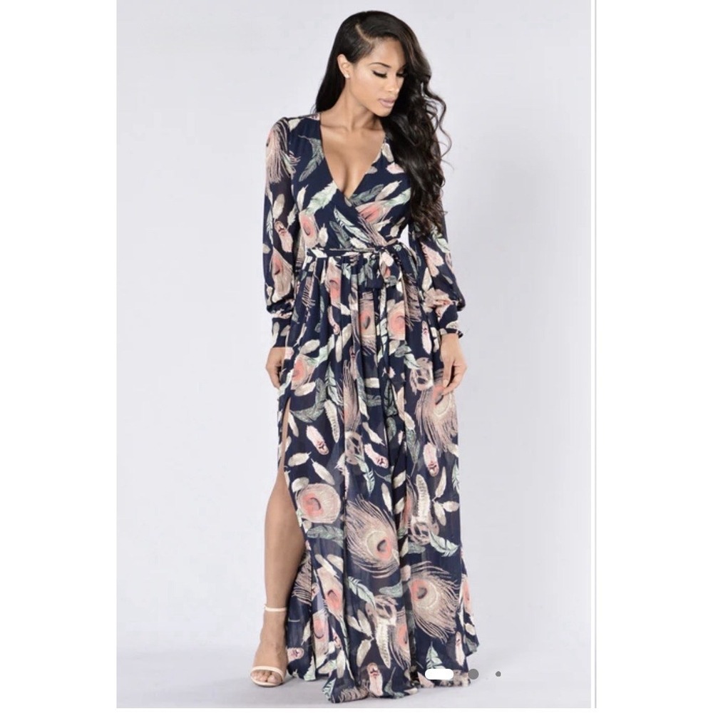 Fashion‎ Nova Maxi Dress Women's Navy Blue Long Sleeve Peacock Feathers SZ Small